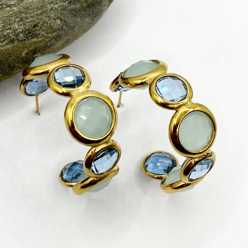 NEW Gold & Blue Stones Chunky Hoop Earrings - Picture 7 of 16